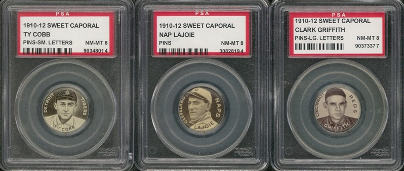 1910-12 P2 Sweet Caporal Pins PSA NM-MT 8 Trio (3 Different) Including Cobb, Lajoie and Griffith 
